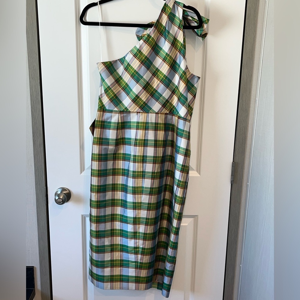 J Crew One Shoulder Sheath Dress Bow Faux Wrap Plaid Silk Blend Size 12 - Picture 3 of 7